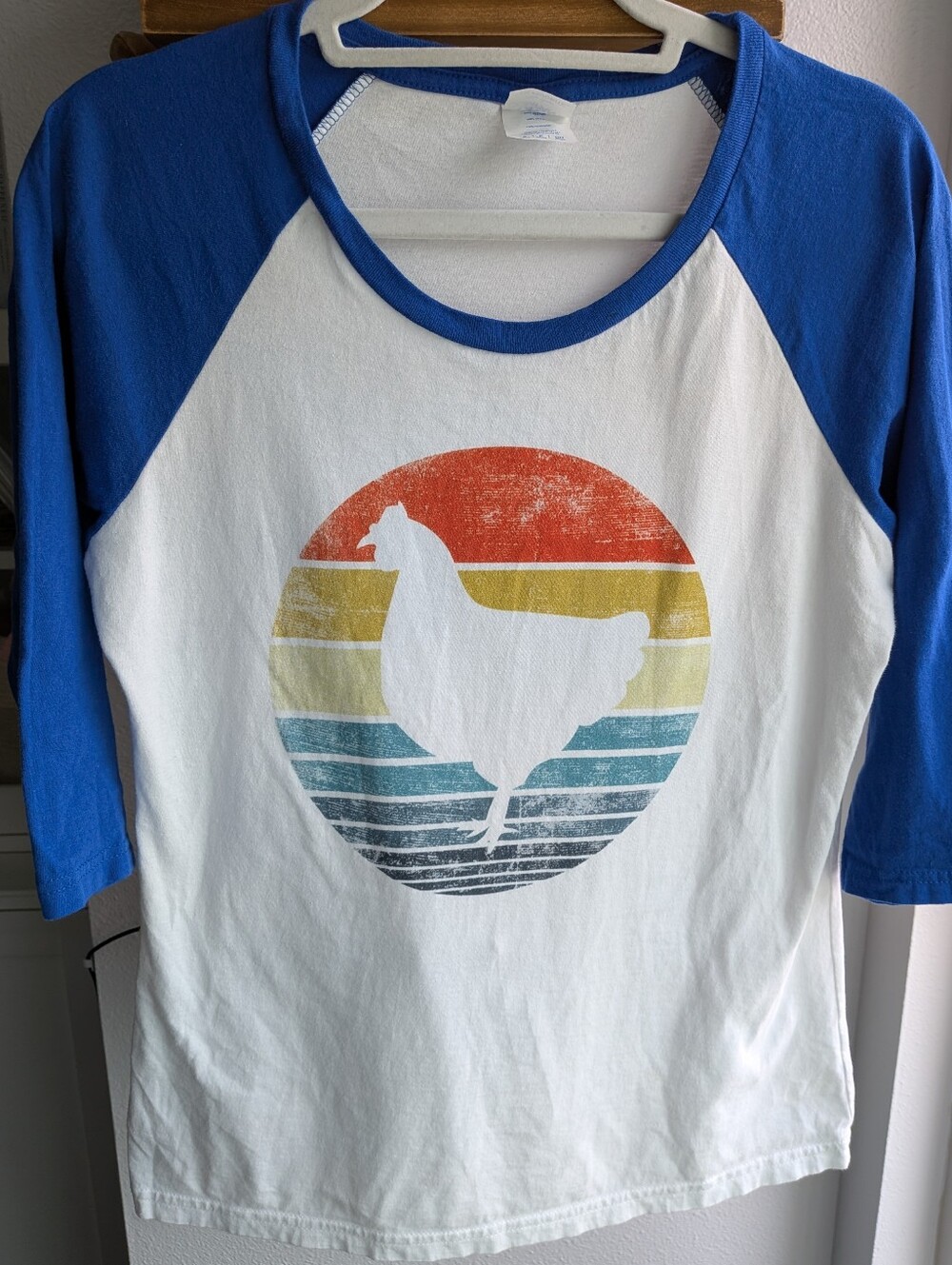 Retro Sunset Chicken Graphic Raglan Tee - Port & Company Ladies Small